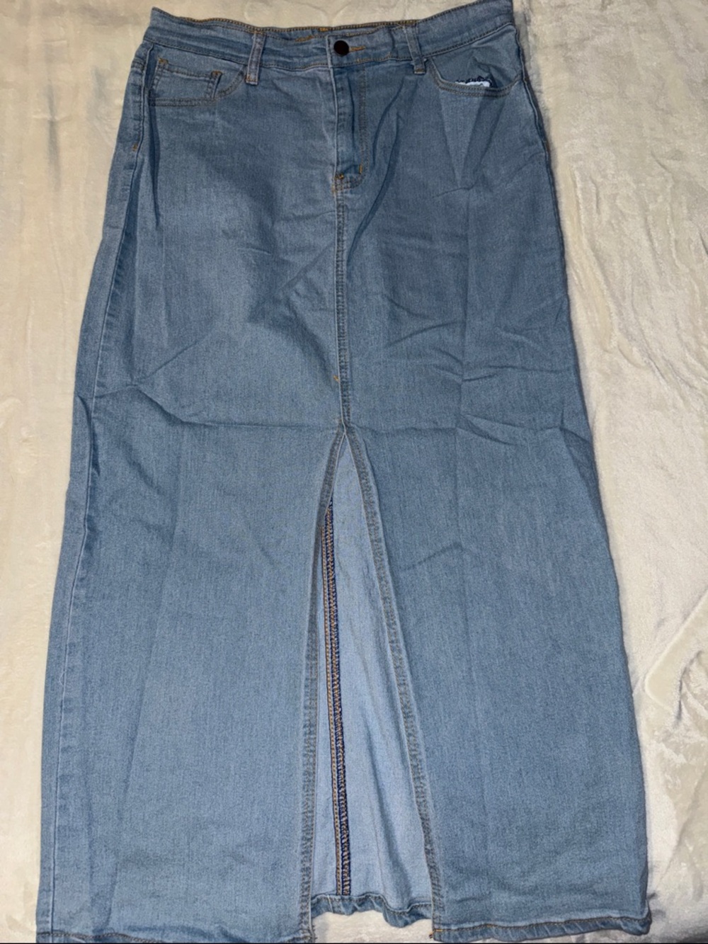 Light Wash Denim Maxi Skirt with Front Slit